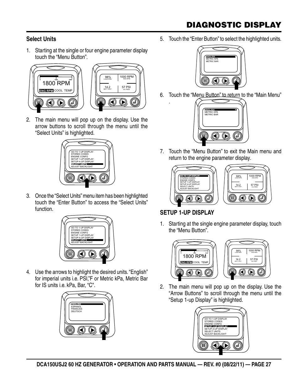 Diagnostic display, Select units, Setup 1-up display | 1800 rpm | Multiquip MQ Power Whisperwatt 60HZ Generator DCA150USJ2 User Manual | Page 27 / 102