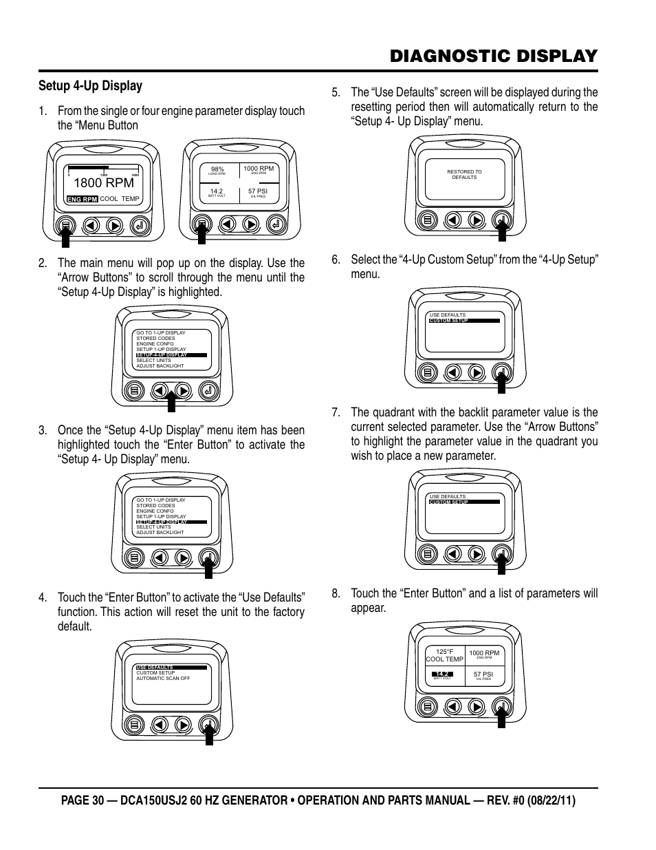 Diagnostic display, Setup 4-up display, 1800 rpm | Multiquip MQ Power Whisperwatt 60HZ Generator DCA150USJ2 User Manual | Page 30 / 102