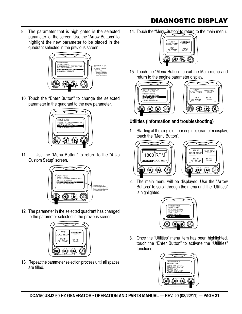 Diagnostic display, Utilities (information and troubleshooting), 1800 rpm | Multiquip MQ Power Whisperwatt 60HZ Generator DCA150USJ2 User Manual | Page 31 / 102