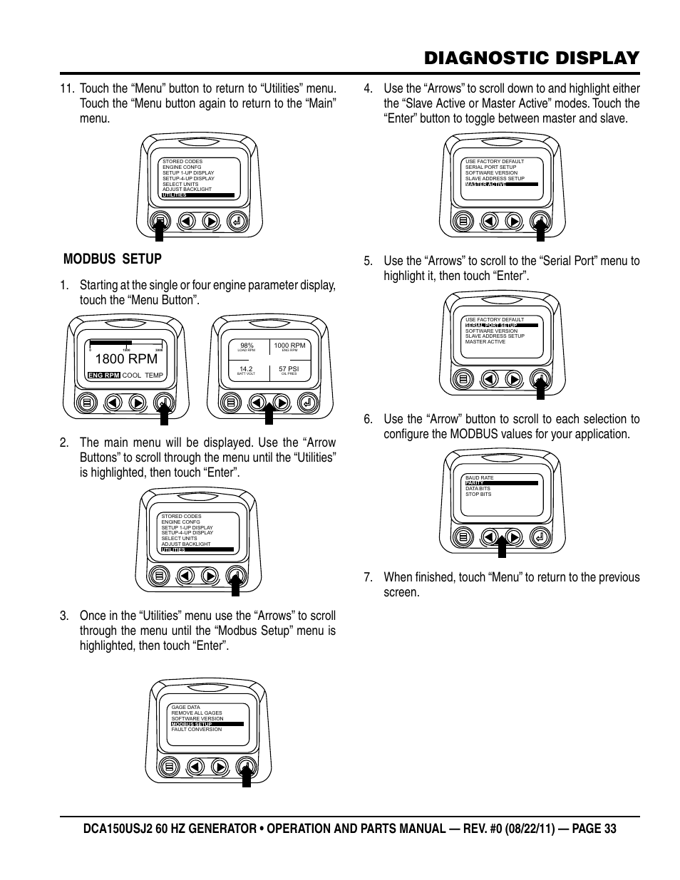 Diagnostic display, Modbus setup, 1800 rpm | Multiquip MQ Power Whisperwatt 60HZ Generator DCA150USJ2 User Manual | Page 33 / 102