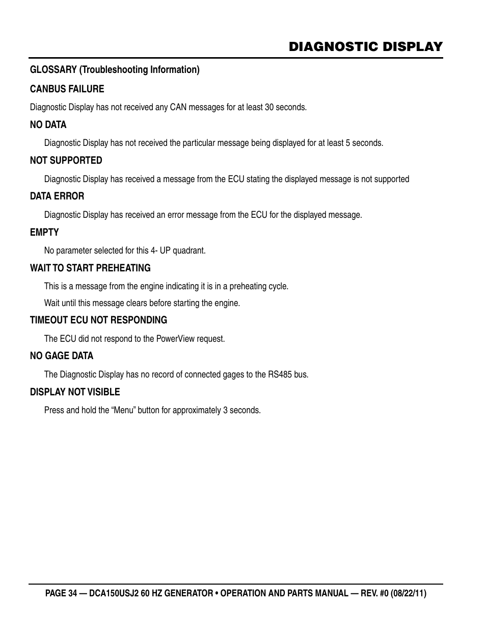 Diagnostic display | Multiquip MQ Power Whisperwatt 60HZ Generator DCA150USJ2 User Manual | Page 34 / 102