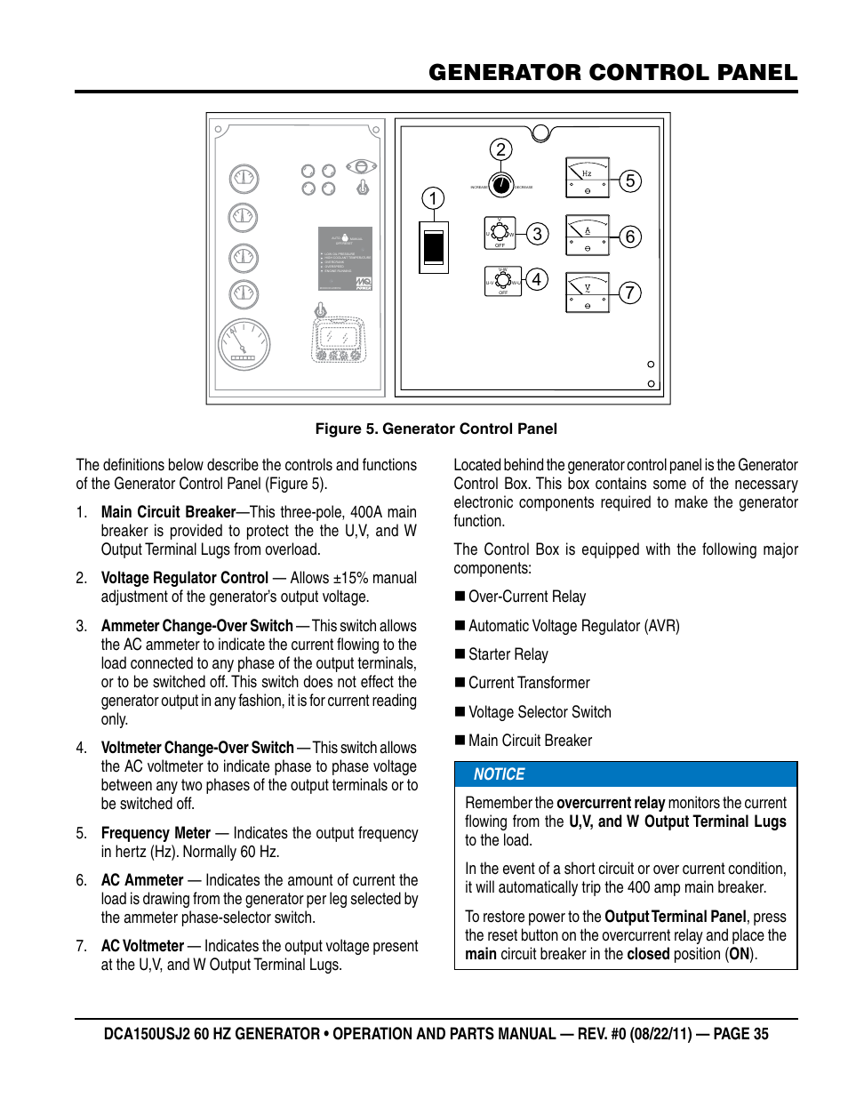 Generator control panel | Multiquip MQ Power Whisperwatt 60HZ Generator DCA150USJ2 User Manual | Page 35 / 102