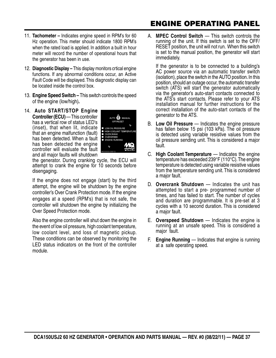 Engine operating panel | Multiquip MQ Power Whisperwatt 60HZ Generator DCA150USJ2 User Manual | Page 37 / 102