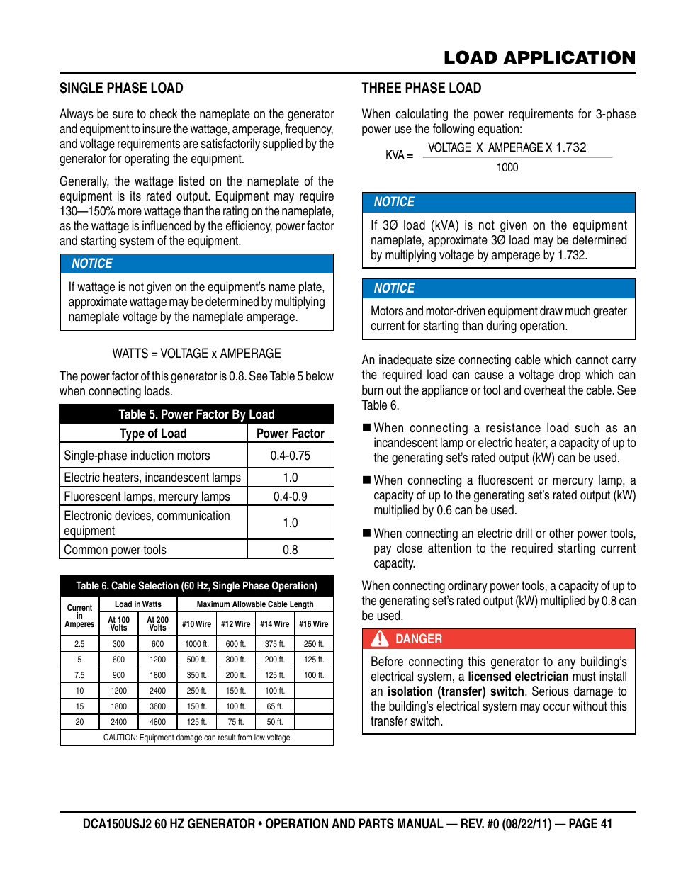 Load application, Single phase load, Three phase load | Multiquip MQ Power Whisperwatt 60HZ Generator DCA150USJ2 User Manual | Page 41 / 102