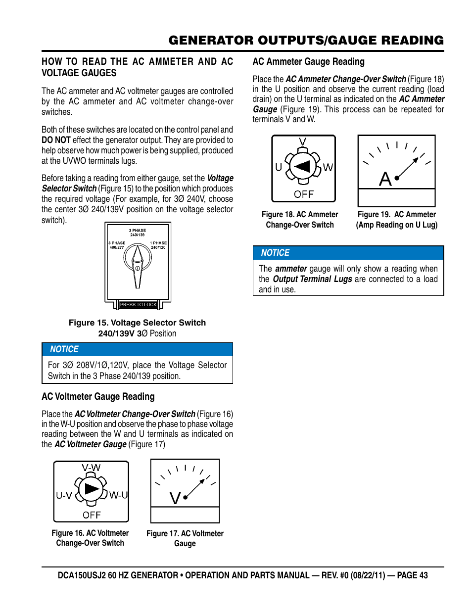 Generator outputs/gauge reading | Multiquip MQ Power Whisperwatt 60HZ Generator DCA150USJ2 User Manual | Page 43 / 102