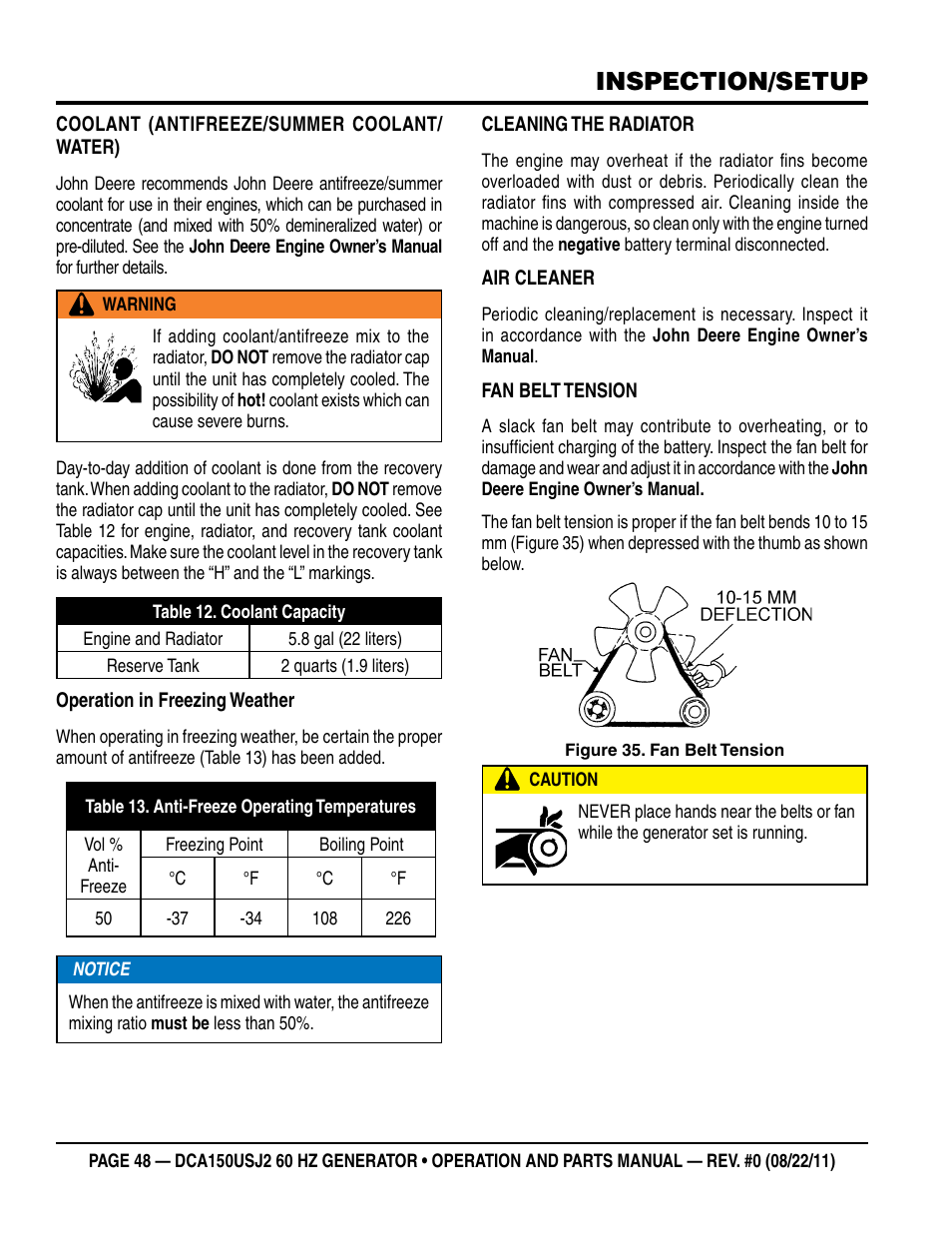 Inspection/setup | Multiquip MQ Power Whisperwatt 60HZ Generator DCA150USJ2 User Manual | Page 48 / 102