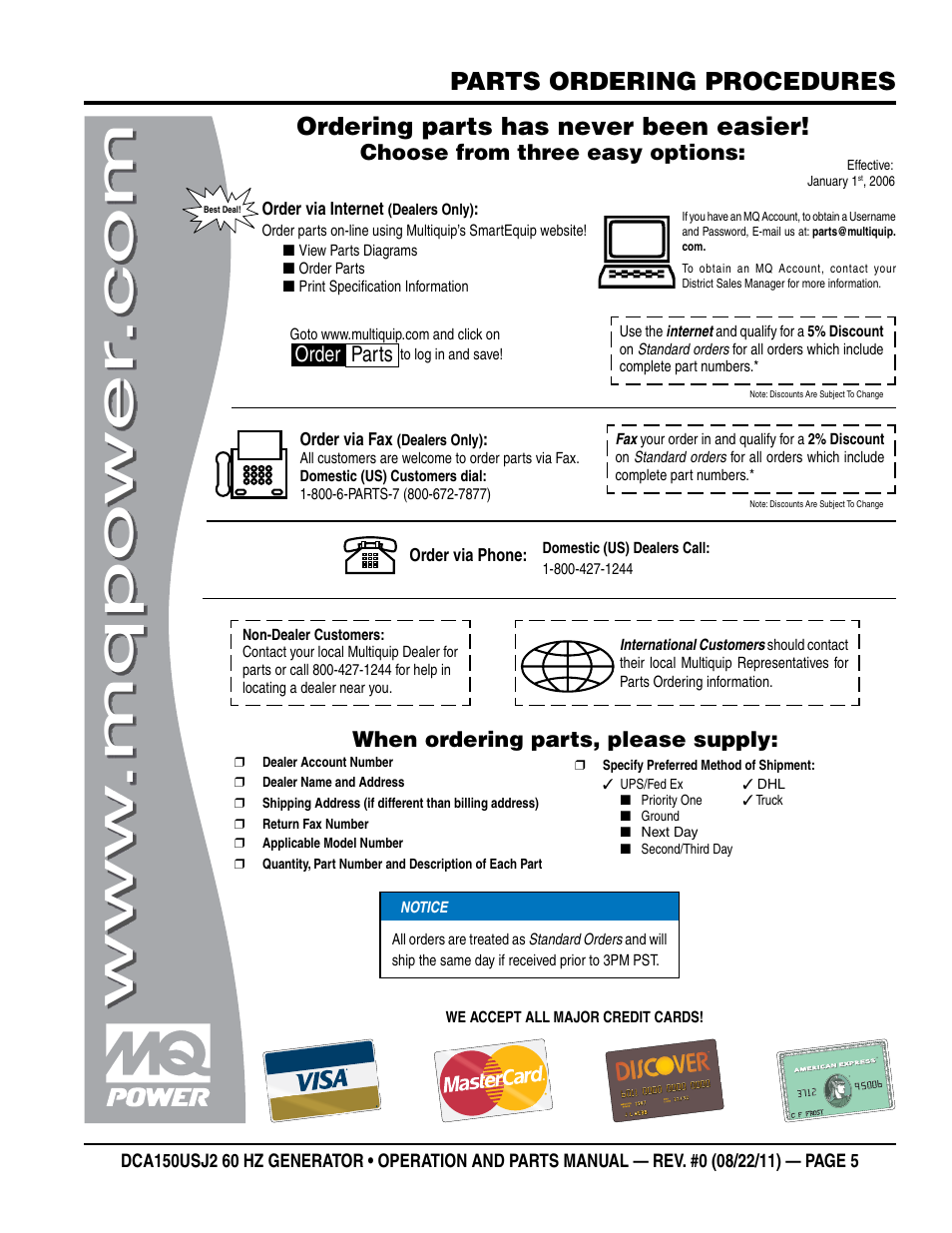 Parts ordering procedures, Ordering parts has never been easier, Choose from three easy options | When ordering parts, please supply, Order parts | Multiquip MQ Power Whisperwatt 60HZ Generator DCA150USJ2 User Manual | Page 5 / 102