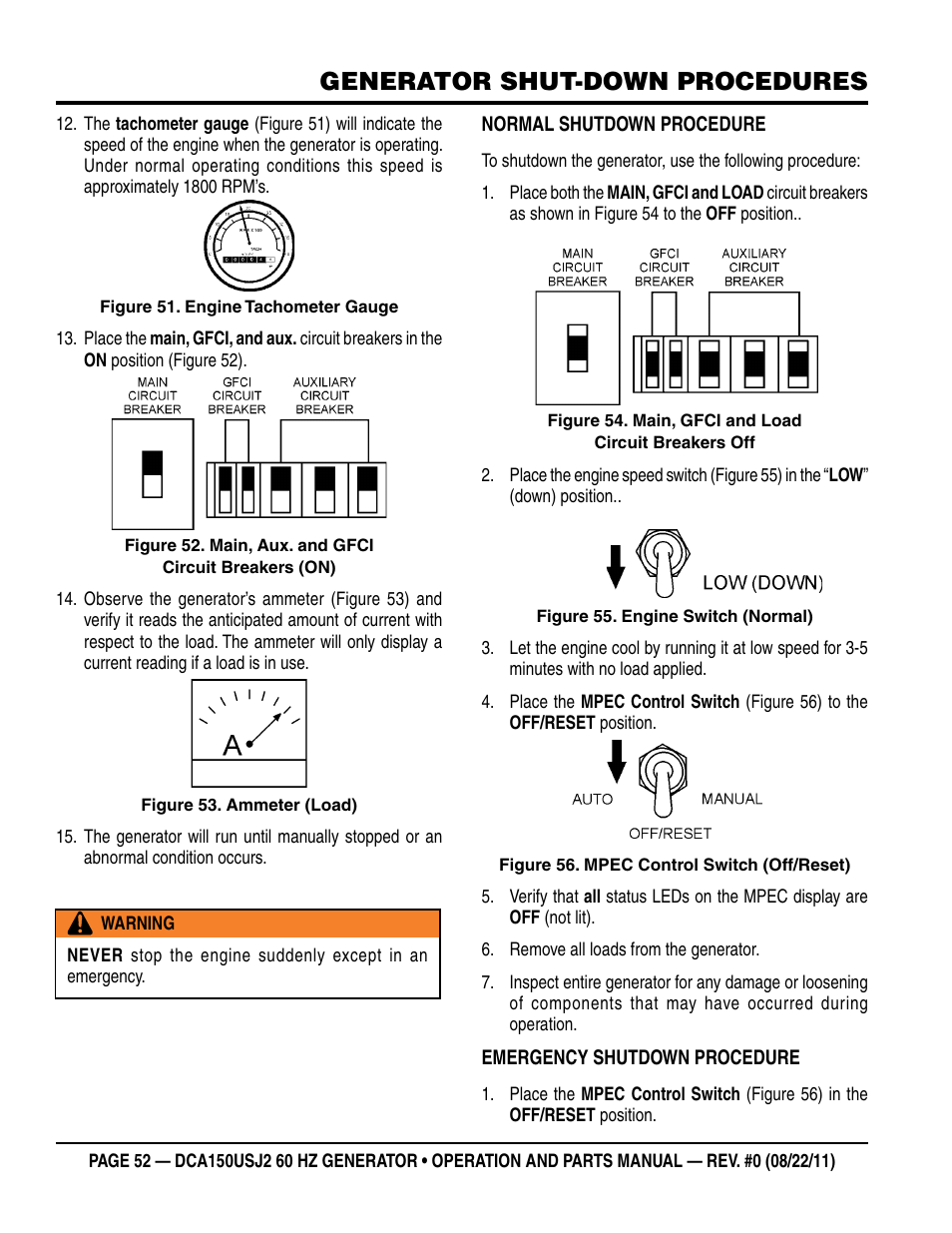 Generator shut-down procedures | Multiquip MQ Power Whisperwatt 60HZ Generator DCA150USJ2 User Manual | Page 52 / 102