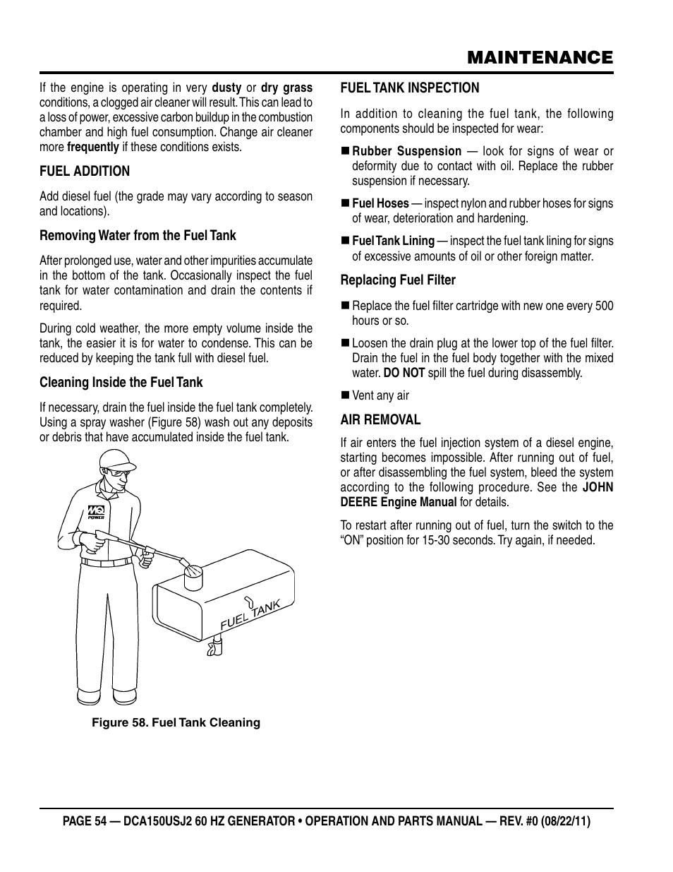 Maintenance | Multiquip MQ Power Whisperwatt 60HZ Generator DCA150USJ2 User Manual | Page 54 / 102