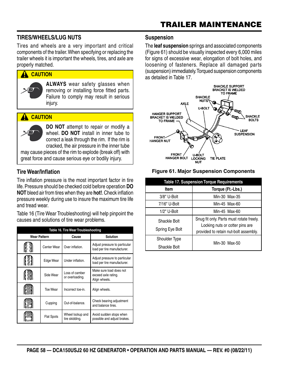 Trailer maintenance, Tires/wheels/lug nuts, Tire wear/inflation | Suspension | Multiquip MQ Power Whisperwatt 60HZ Generator DCA150USJ2 User Manual | Page 58 / 102