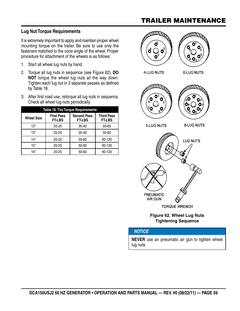 Trailer maintenance, Lug nut torque requirements | Multiquip MQ Power Whisperwatt 60HZ Generator DCA150USJ2 User Manual | Page 59 / 102