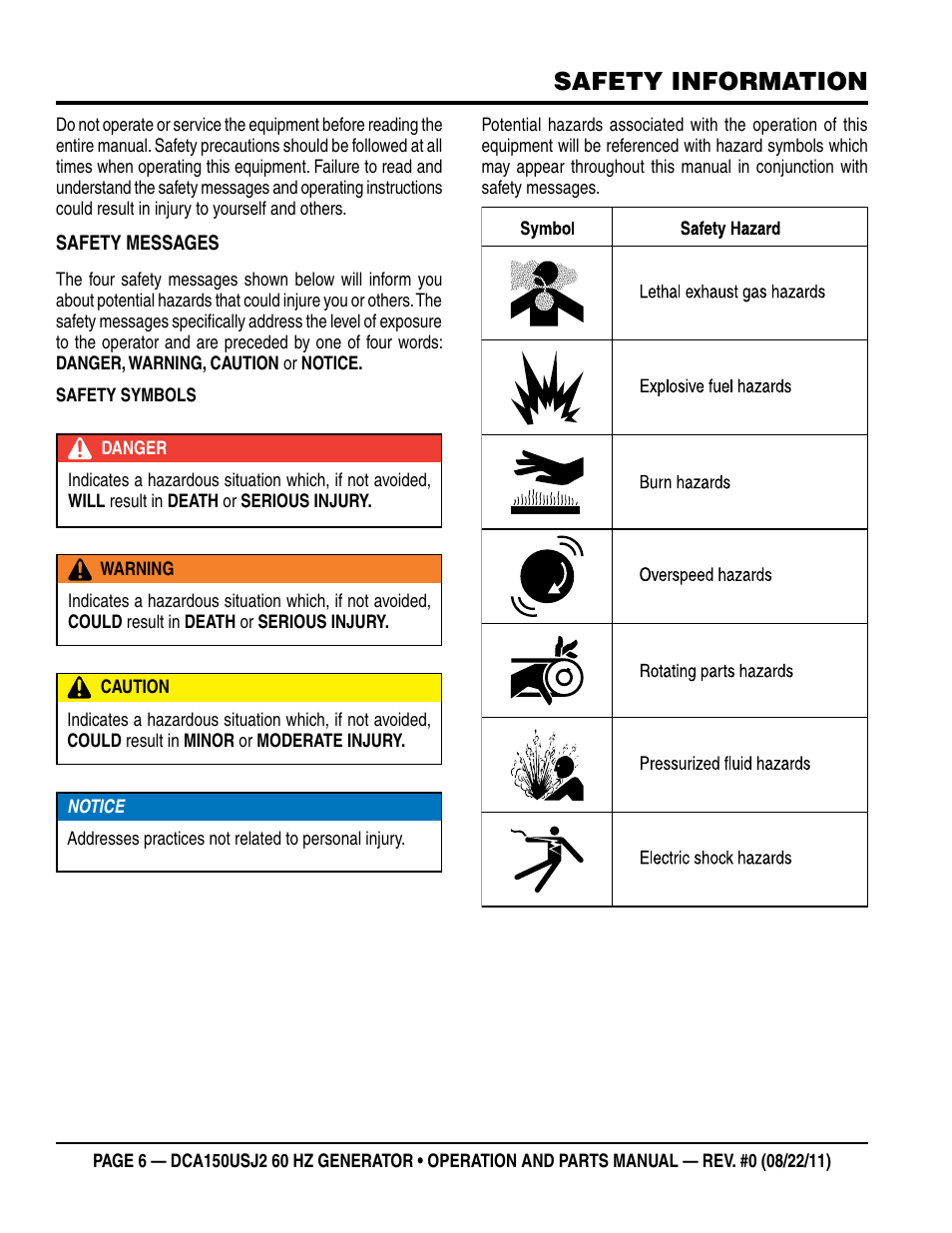 Safety information | Multiquip MQ Power Whisperwatt 60HZ Generator DCA150USJ2 User Manual | Page 6 / 102