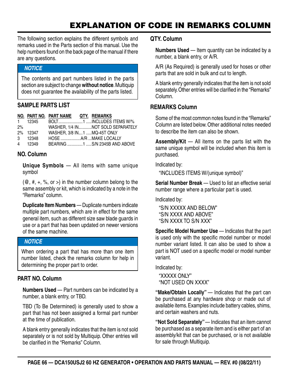 Explanation of code in remarks column | Multiquip MQ Power Whisperwatt 60HZ Generator DCA150USJ2 User Manual | Page 66 / 102