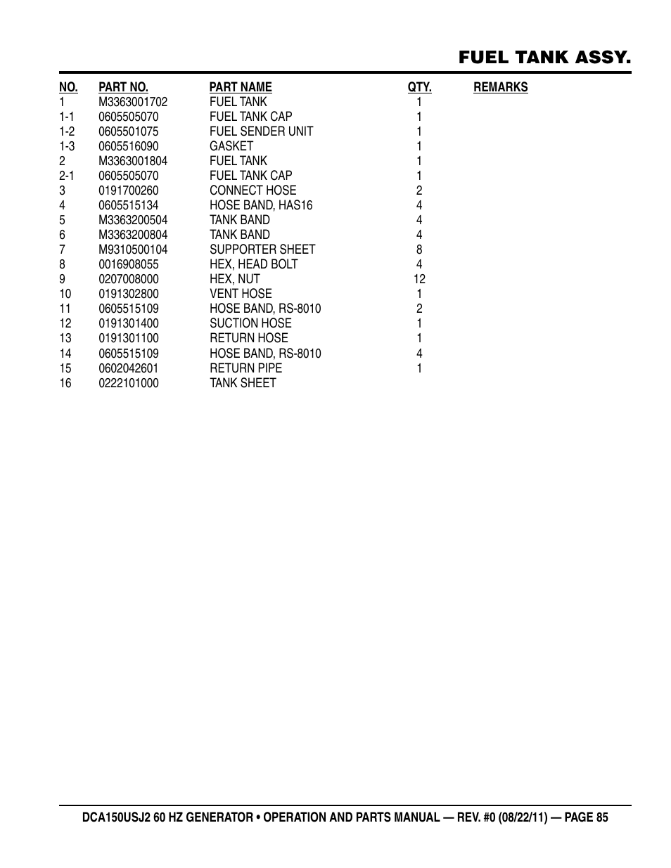 Fuel tank assy | Multiquip MQ Power Whisperwatt 60HZ Generator DCA150USJ2 User Manual | Page 85 / 102