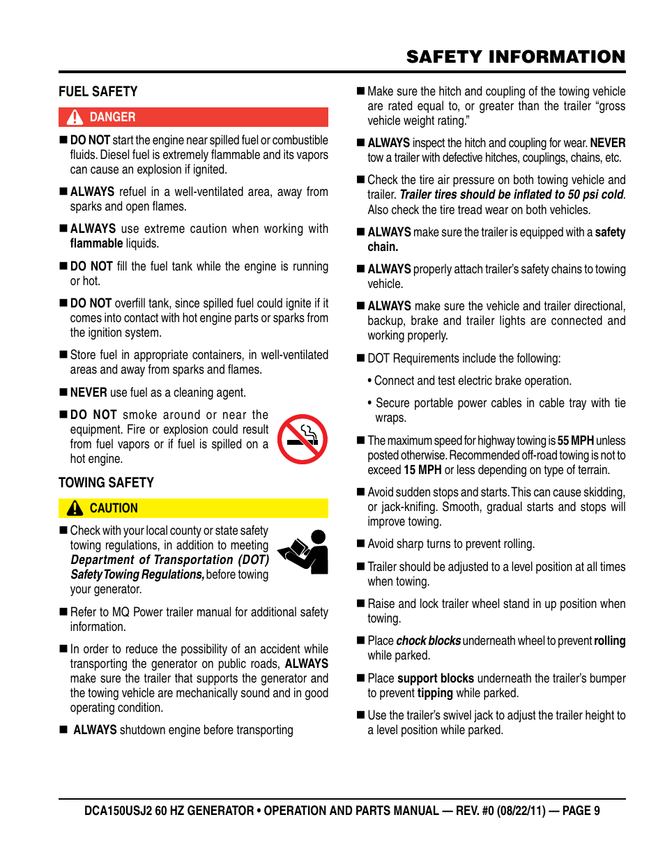 Safety information | Multiquip MQ Power Whisperwatt 60HZ Generator DCA150USJ2 User Manual | Page 9 / 102