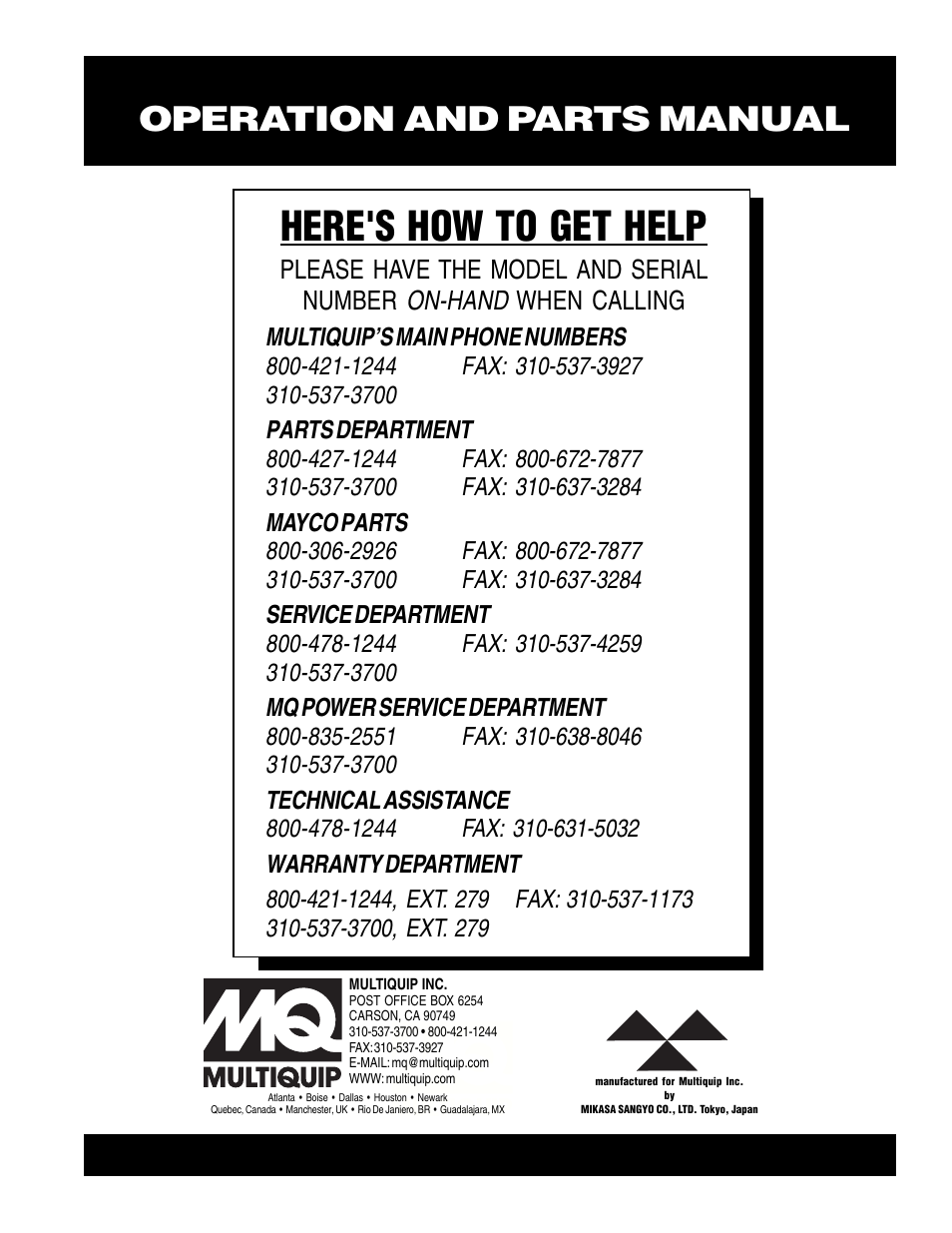 Here's how to get help, Operation and parts manual | Multiquip Mikasa Vibratory Walk-Behind Roller MDR-9D User Manual | Page 104 / 104