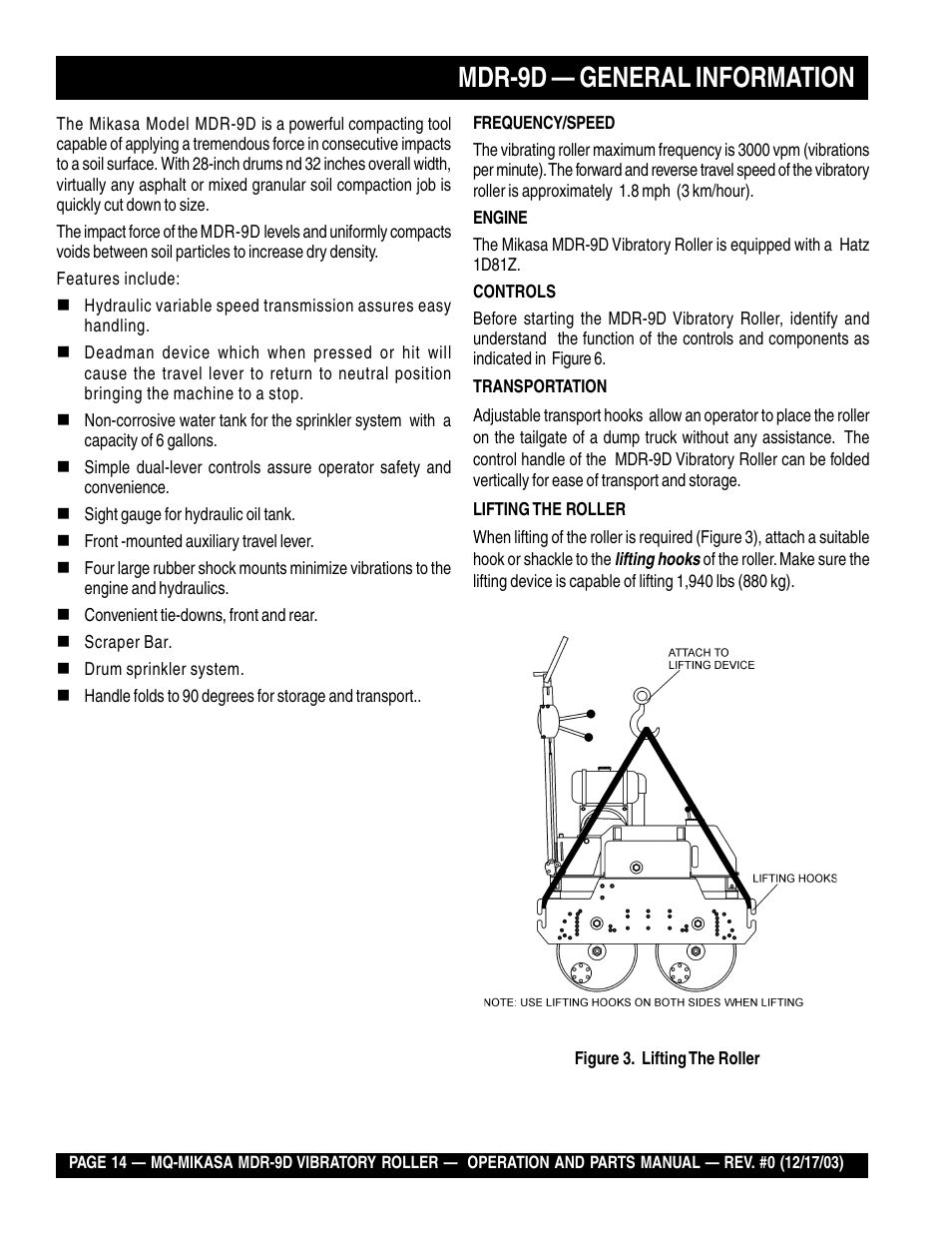 Mdr-9d — general information | Multiquip Mikasa Vibratory Walk-Behind Roller MDR-9D User Manual | Page 14 / 104