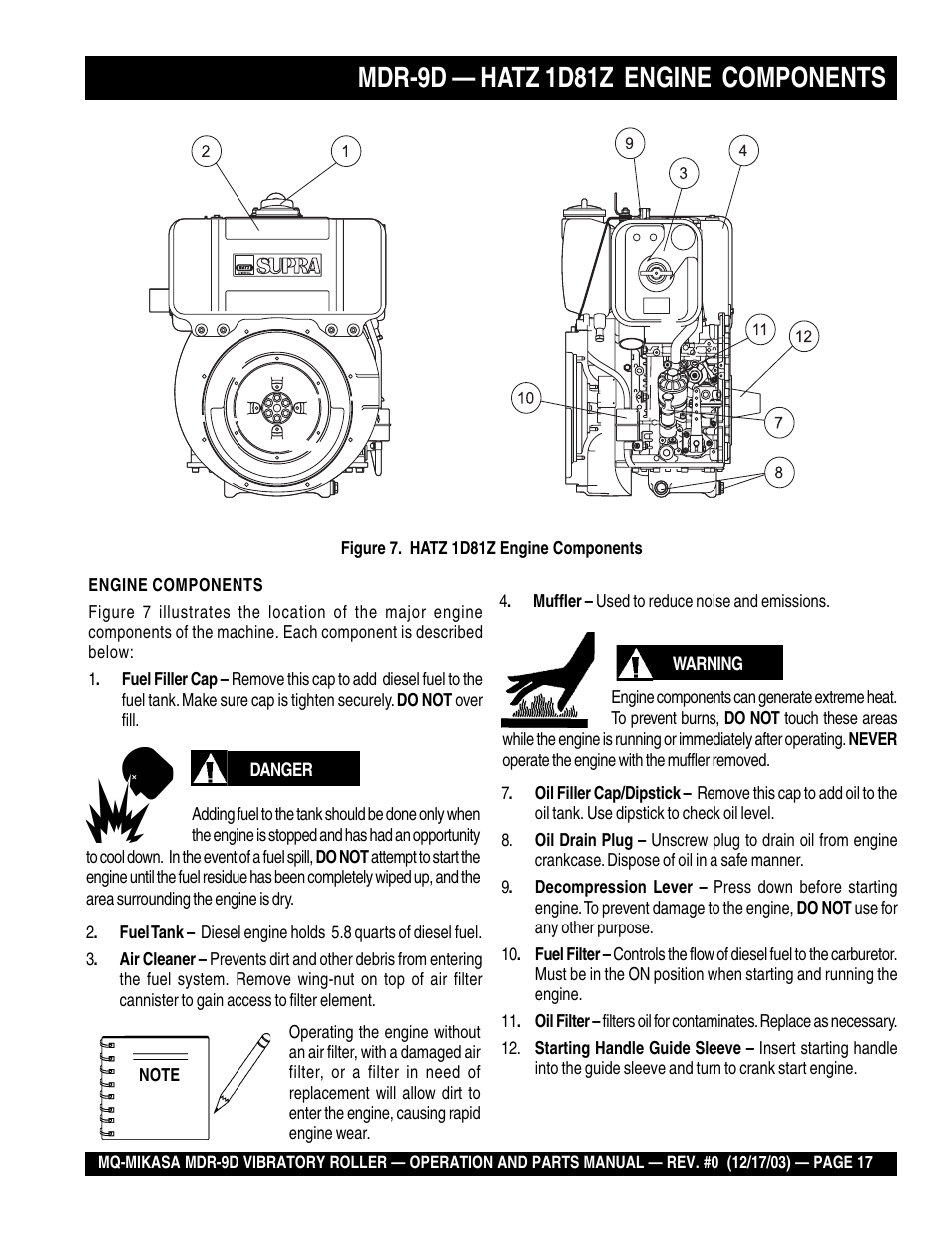 Mdr-9d — hatz 1d81z engine components | Multiquip Mikasa Vibratory Walk-Behind Roller MDR-9D User Manual | Page 17 / 104