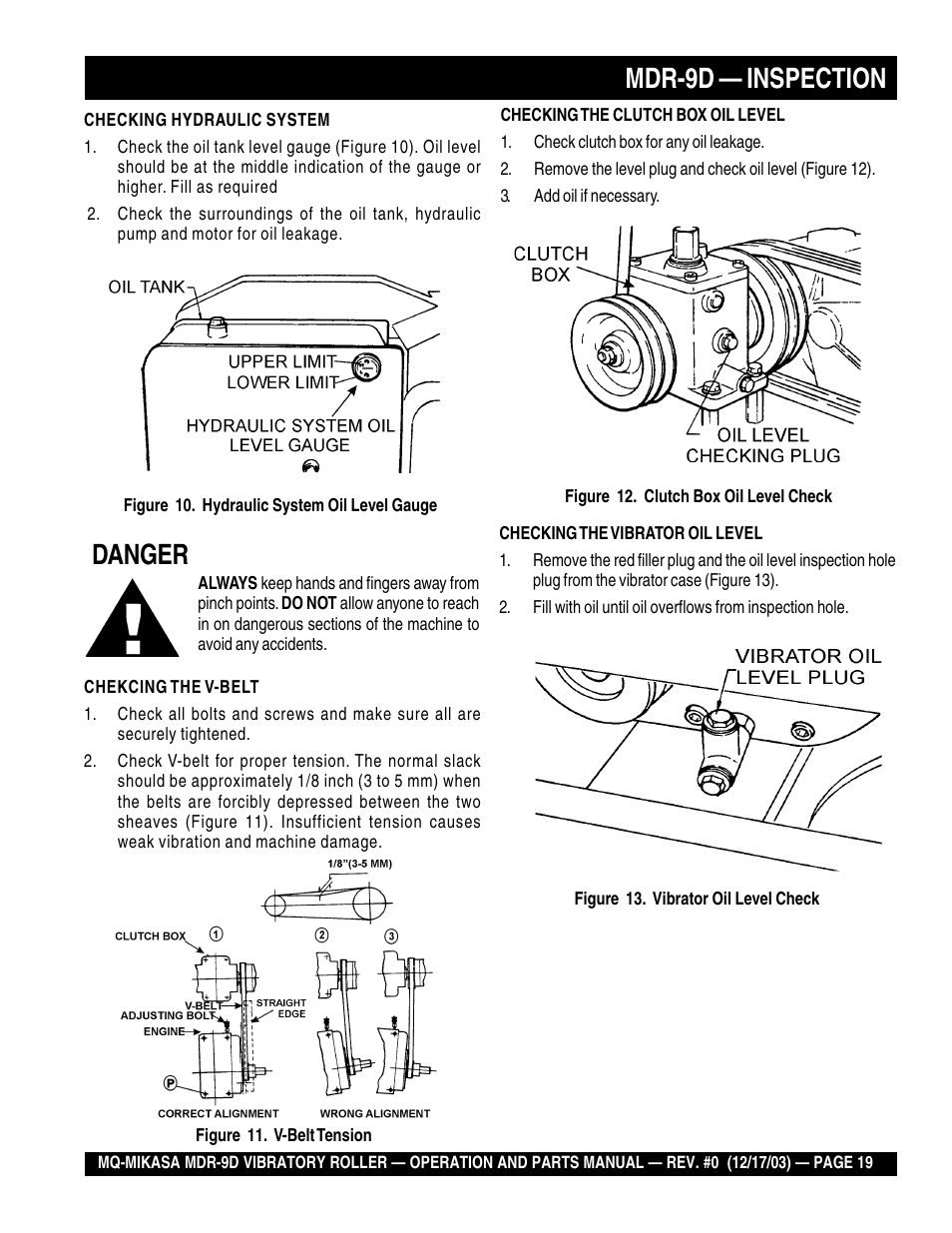 Danger, Mdr-9d — inspection | Multiquip Mikasa Vibratory Walk-Behind Roller MDR-9D User Manual | Page 19 / 104