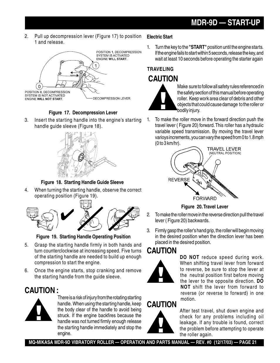 Caution, Mdr-9d — start-up | Multiquip Mikasa Vibratory Walk-Behind Roller MDR-9D User Manual | Page 21 / 104
