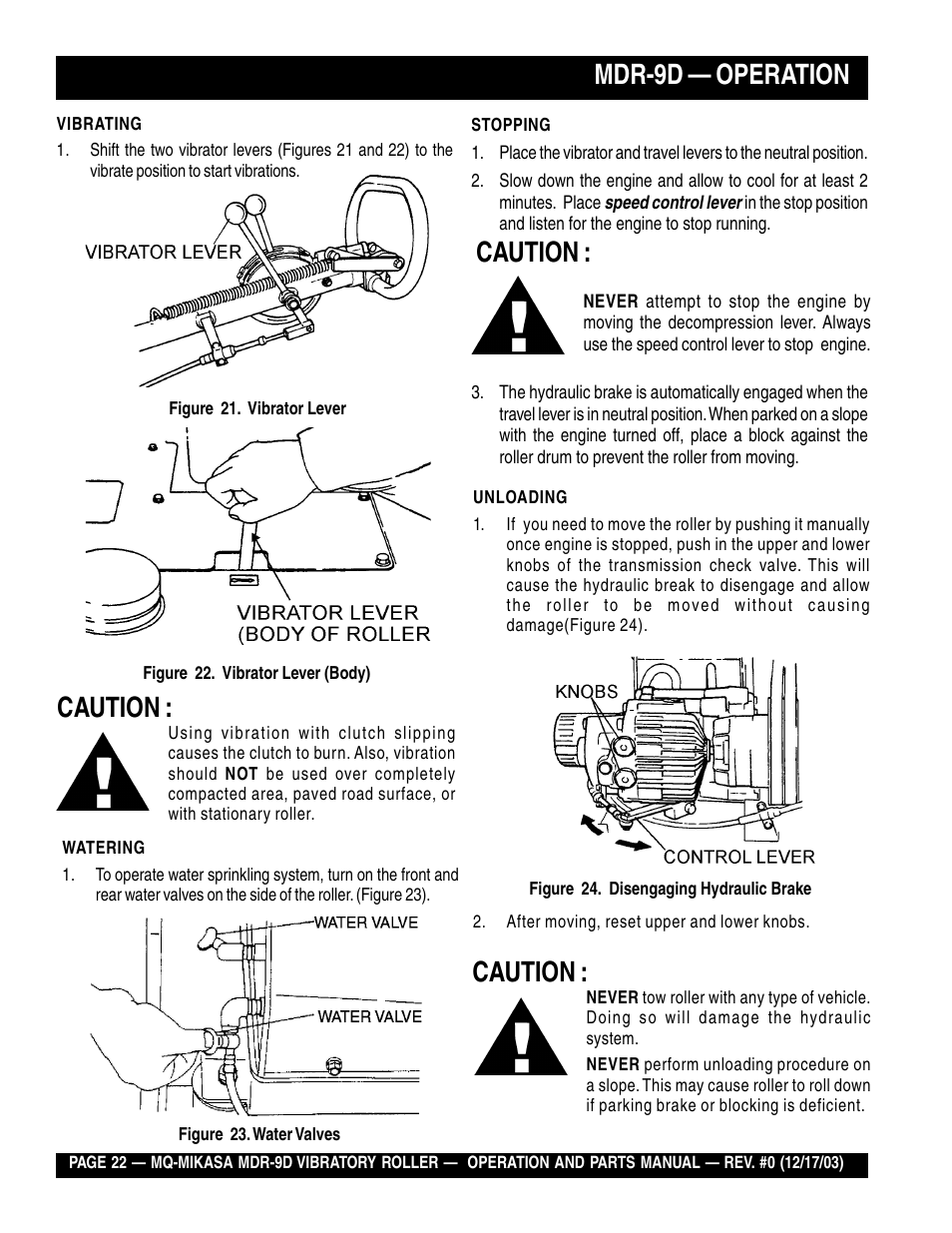 Mdr-9d — operation, Caution | Multiquip Mikasa Vibratory Walk-Behind Roller MDR-9D User Manual | Page 22 / 104