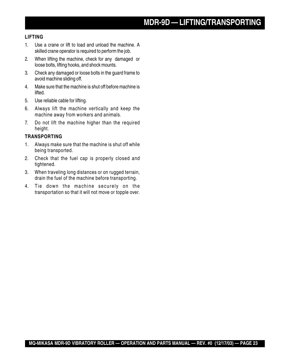 Mdr-9d — lifting/transporting | Multiquip Mikasa Vibratory Walk-Behind Roller MDR-9D User Manual | Page 23 / 104