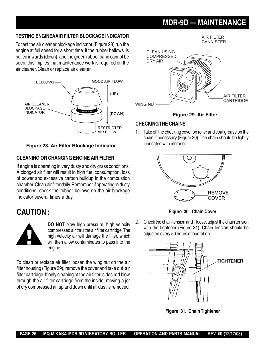 Mdr-9d — maintenance, Caution | Multiquip Mikasa Vibratory Walk-Behind Roller MDR-9D User Manual | Page 26 / 104