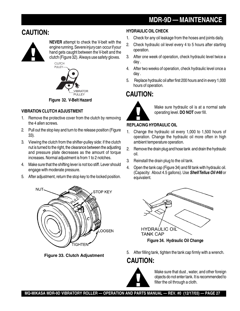 Mdr-9d — maintenance, Caution | Multiquip Mikasa Vibratory Walk-Behind Roller MDR-9D User Manual | Page 27 / 104