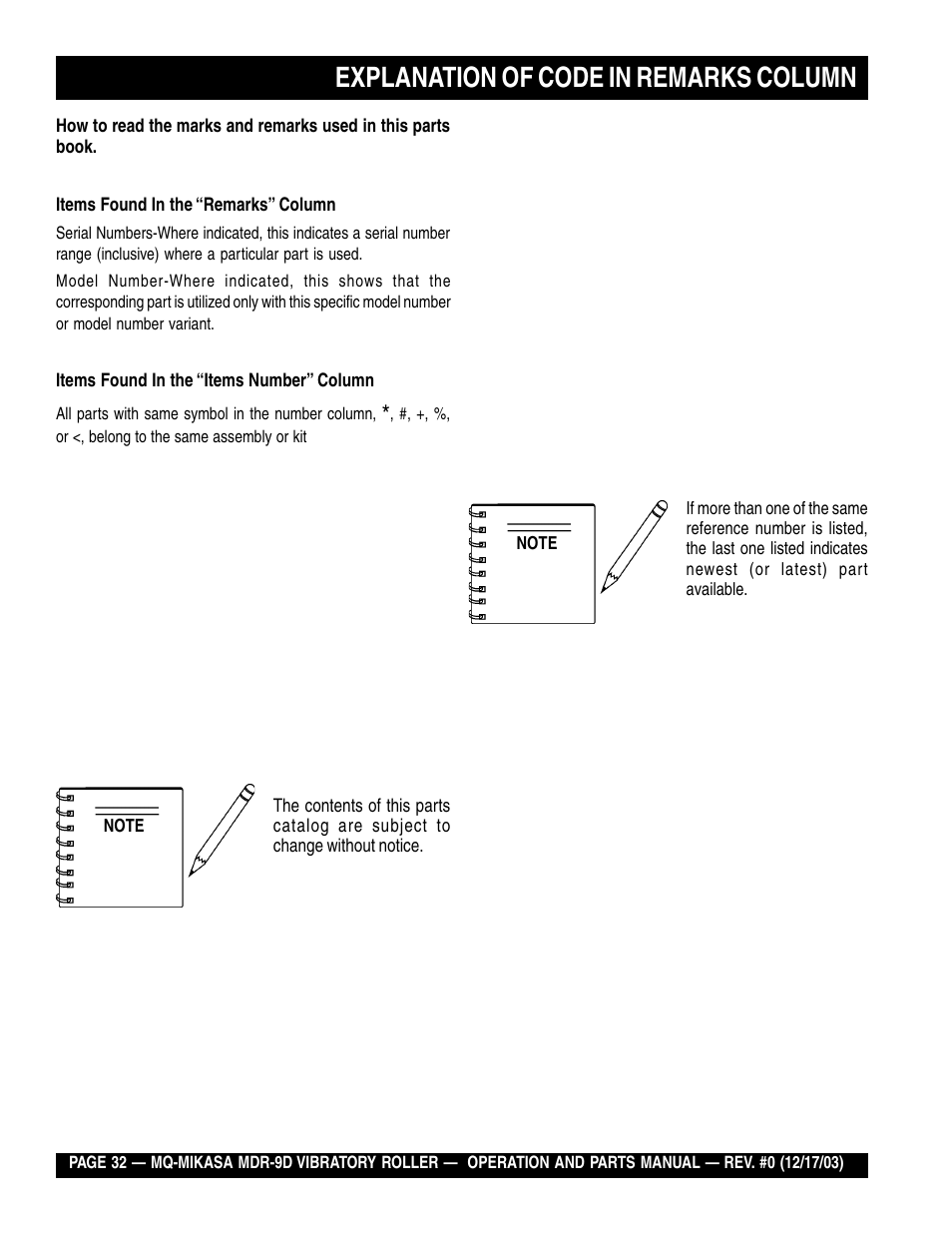 Explanation of code in remarks column | Multiquip Mikasa Vibratory Walk-Behind Roller MDR-9D User Manual | Page 32 / 104