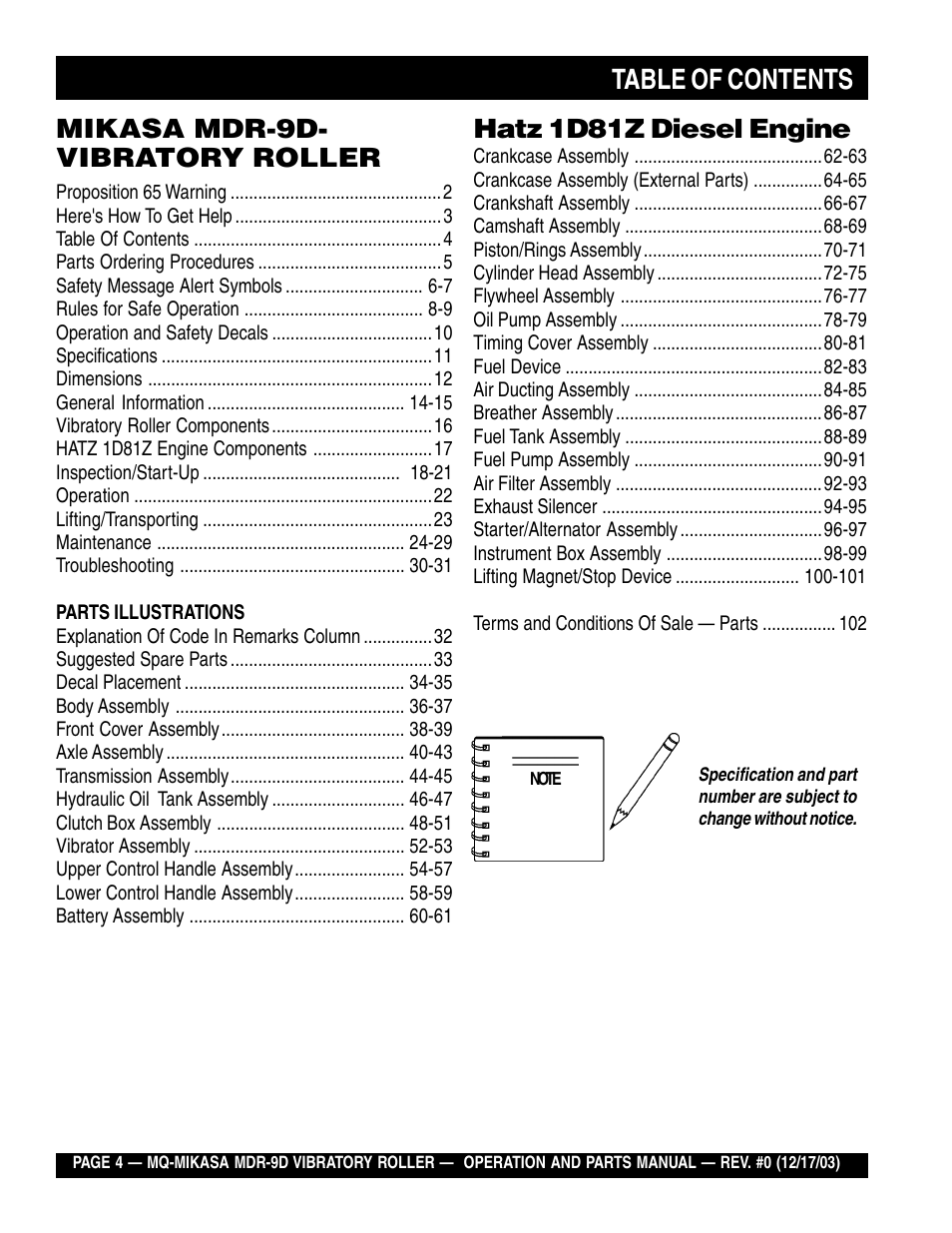 Multiquip Mikasa Vibratory Walk-Behind Roller MDR-9D User Manual | Page 4 / 104