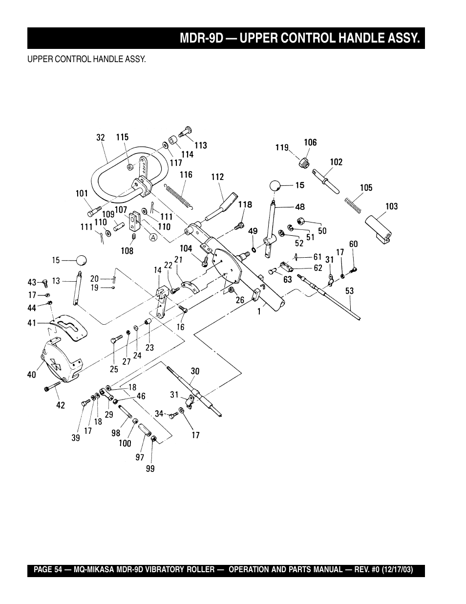 Mdr-9d — upper control handle assy | Multiquip Mikasa Vibratory Walk-Behind Roller MDR-9D User Manual | Page 54 / 104