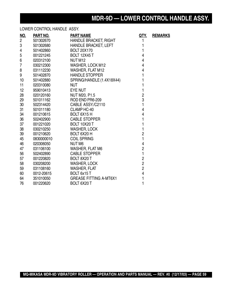 Mdr-9d — lower control handle assy | Multiquip Mikasa Vibratory Walk-Behind Roller MDR-9D User Manual | Page 59 / 104