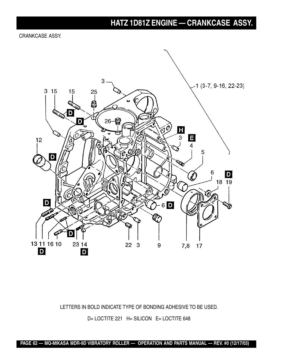 Hatz 1d81z engine — crankcase assy | Multiquip Mikasa Vibratory Walk-Behind Roller MDR-9D User Manual | Page 62 / 104