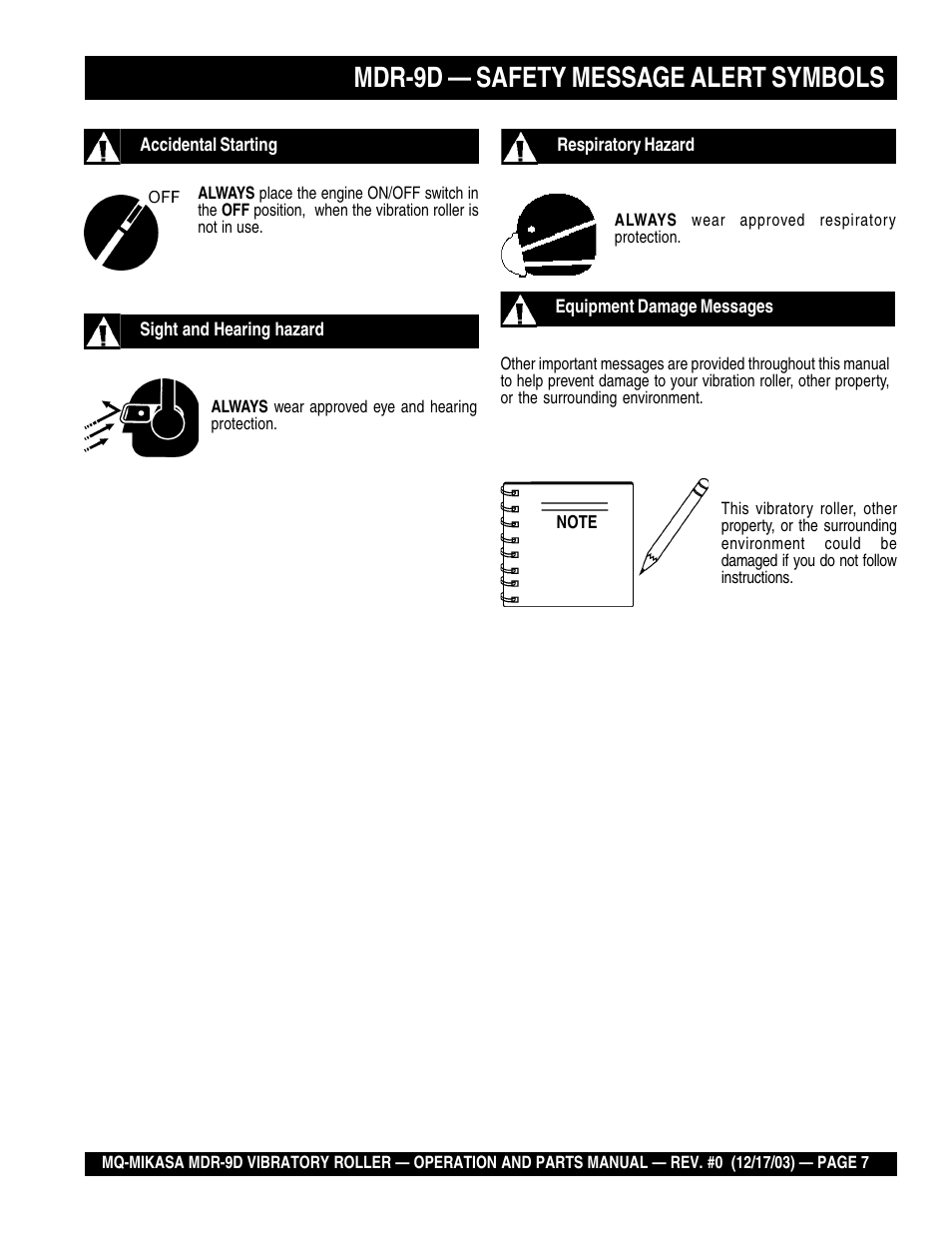 Mdr-9d — safety message alert symbols | Multiquip Mikasa Vibratory Walk-Behind Roller MDR-9D User Manual | Page 7 / 104