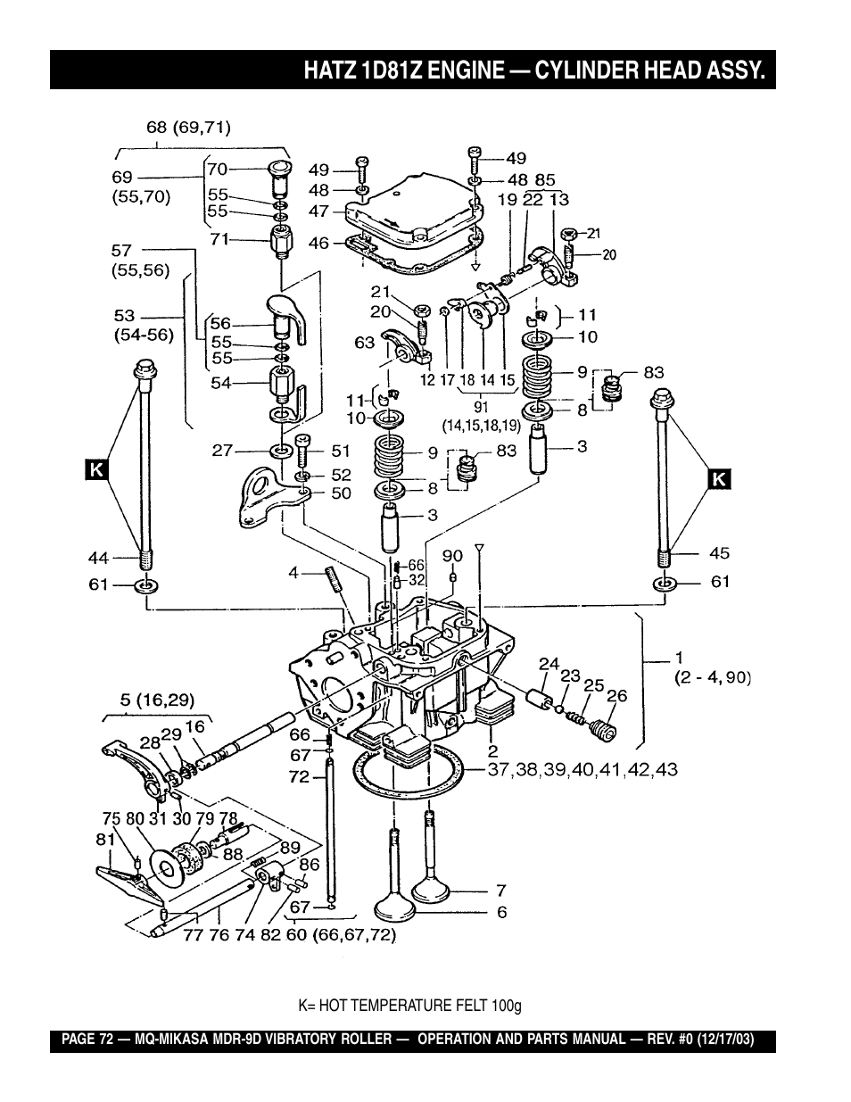 Hatz 1d81z engine — cylinder head assy | Multiquip Mikasa Vibratory Walk-Behind Roller MDR-9D User Manual | Page 72 / 104