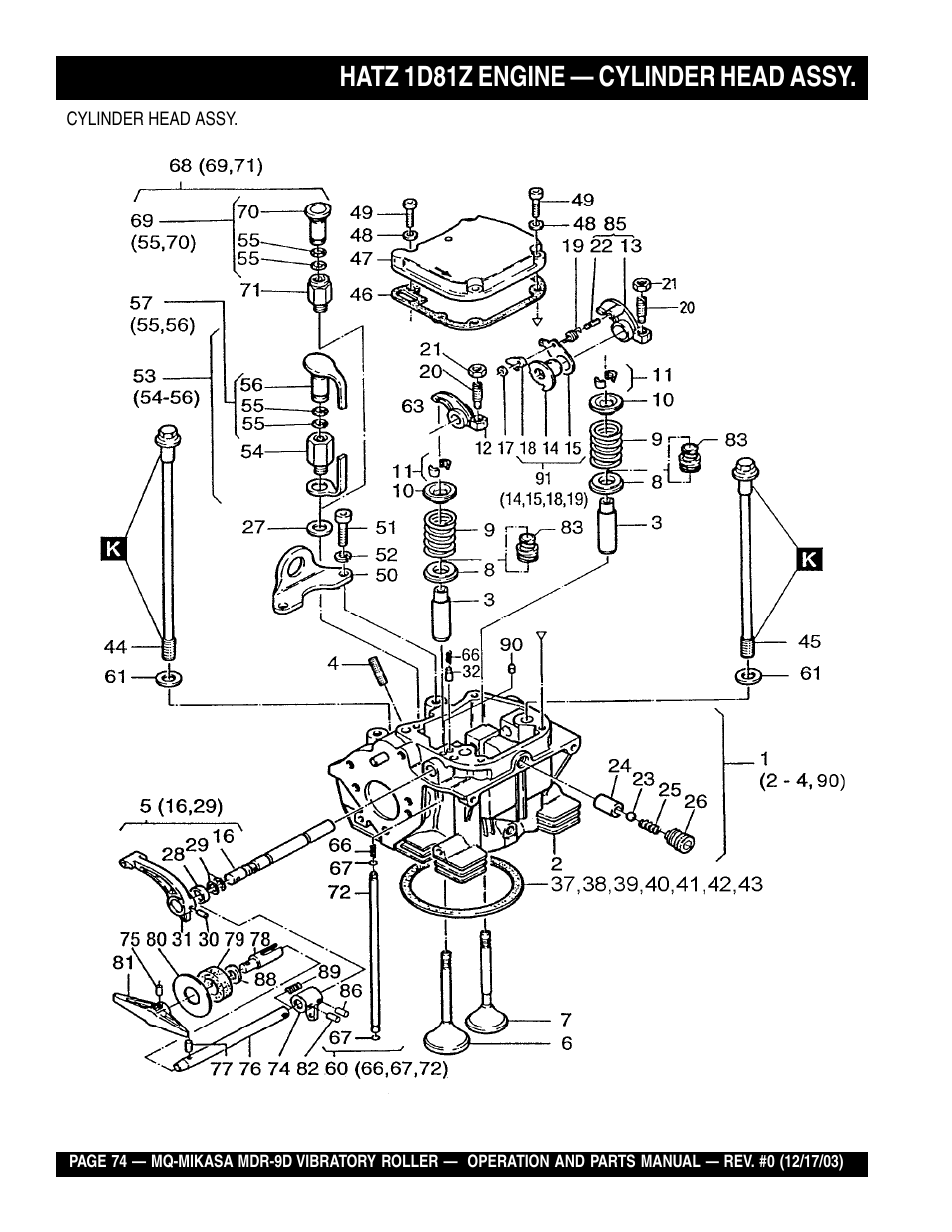 Hatz 1d81z engine — cylinder head assy | Multiquip Mikasa Vibratory Walk-Behind Roller MDR-9D User Manual | Page 74 / 104