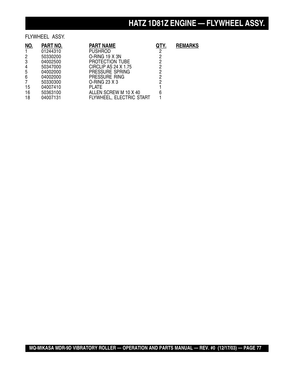 Hatz 1d81z engine — flywheel assy | Multiquip Mikasa Vibratory Walk-Behind Roller MDR-9D User Manual | Page 77 / 104