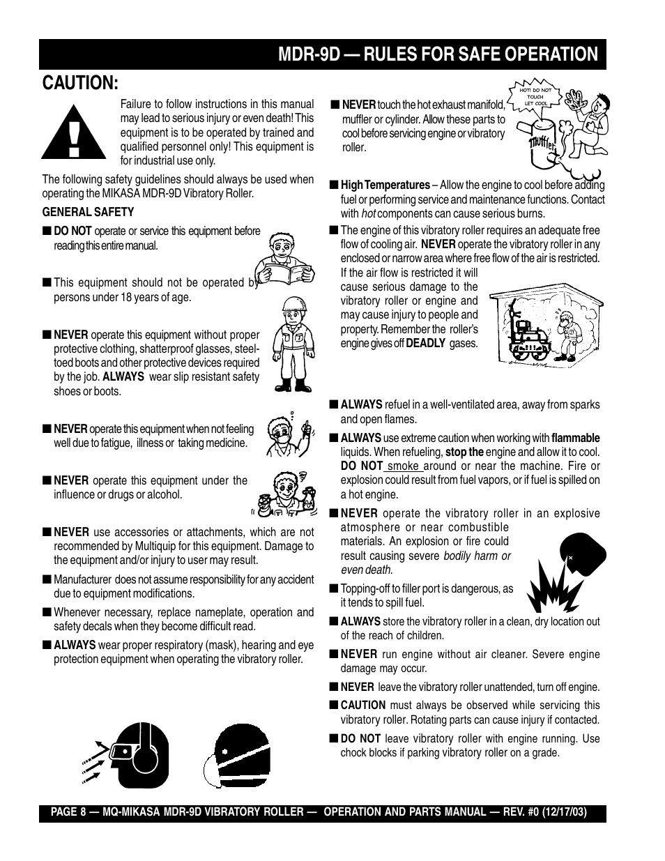 Mdr-9d — rules for safe operation, Caution | Multiquip Mikasa Vibratory Walk-Behind Roller MDR-9D User Manual | Page 8 / 104