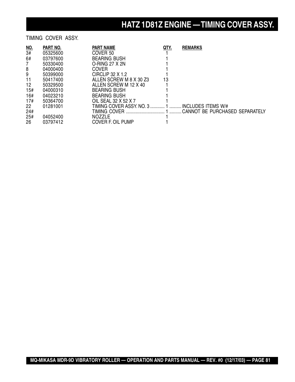 Hatz 1d81z engine — timing cover assy | Multiquip Mikasa Vibratory Walk-Behind Roller MDR-9D User Manual | Page 81 / 104