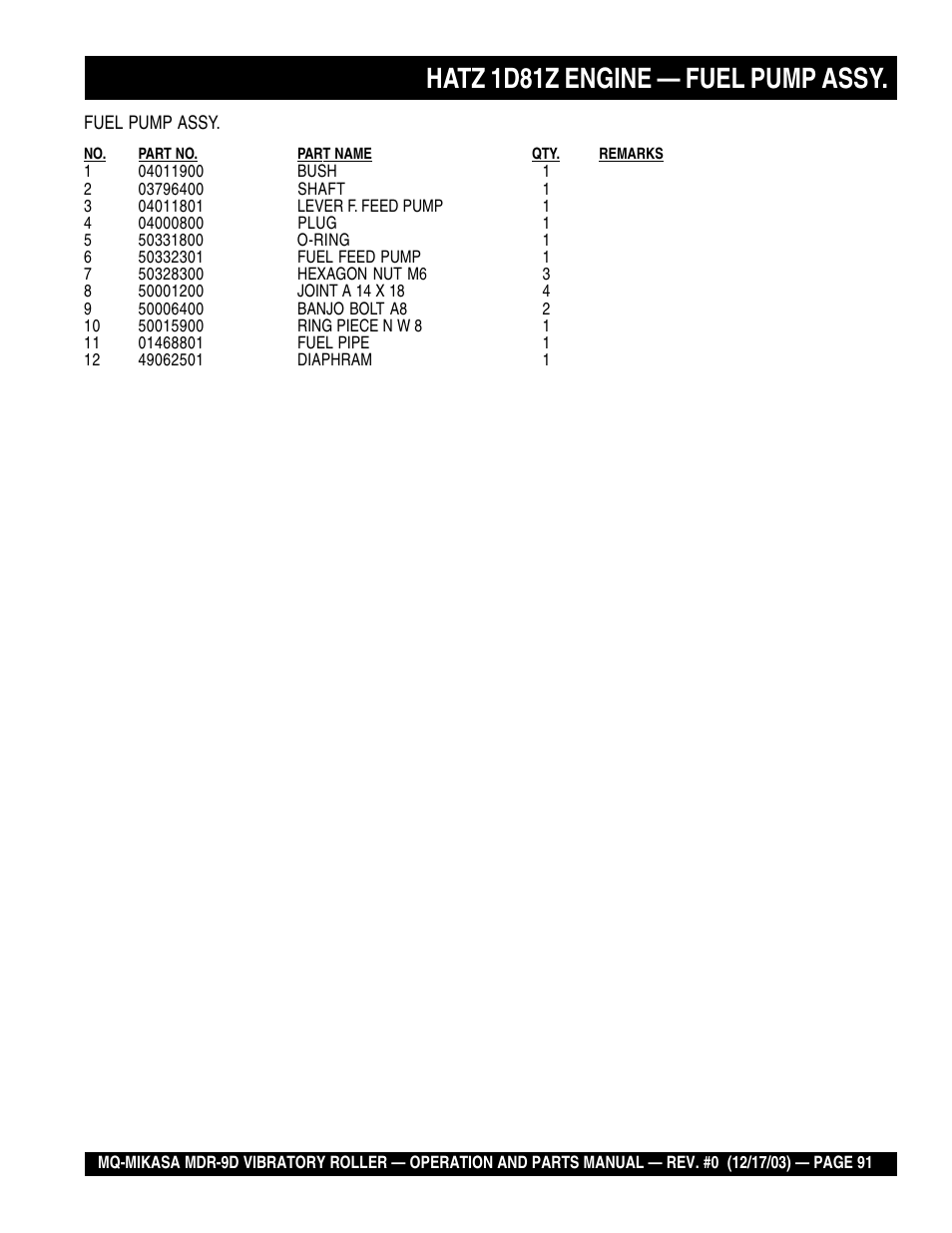 Hatz 1d81z engine — fuel pump assy | Multiquip Mikasa Vibratory Walk-Behind Roller MDR-9D User Manual | Page 91 / 104