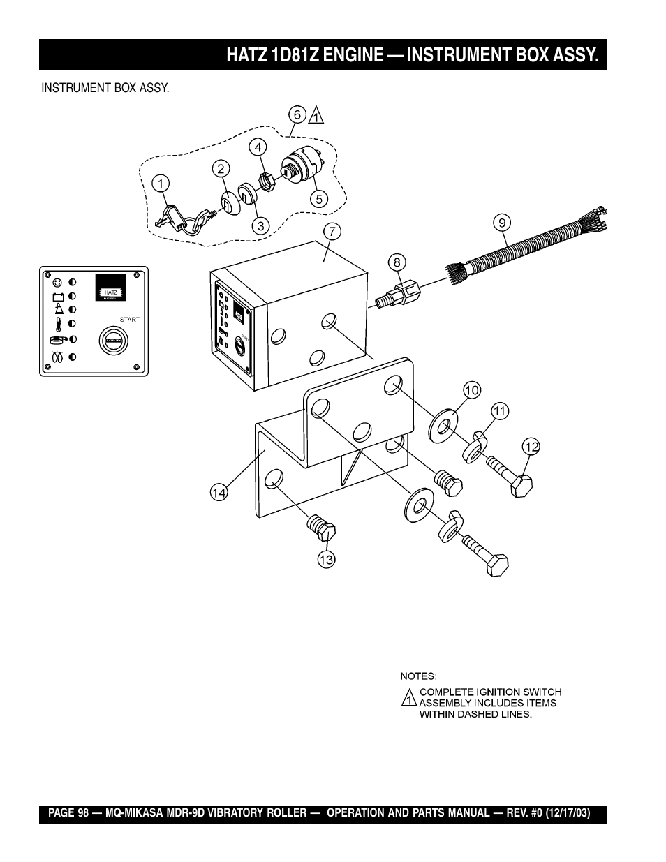 Hatz 1d81z engine — instrument box assy | Multiquip Mikasa Vibratory Walk-Behind Roller MDR-9D User Manual | Page 98 / 104