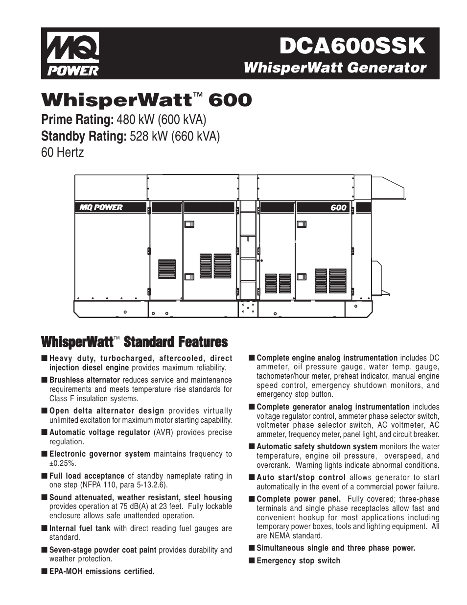 Multiquip MQ Power WhisperWatt 600 Generator DCA600SSK User Manual | 4 pages