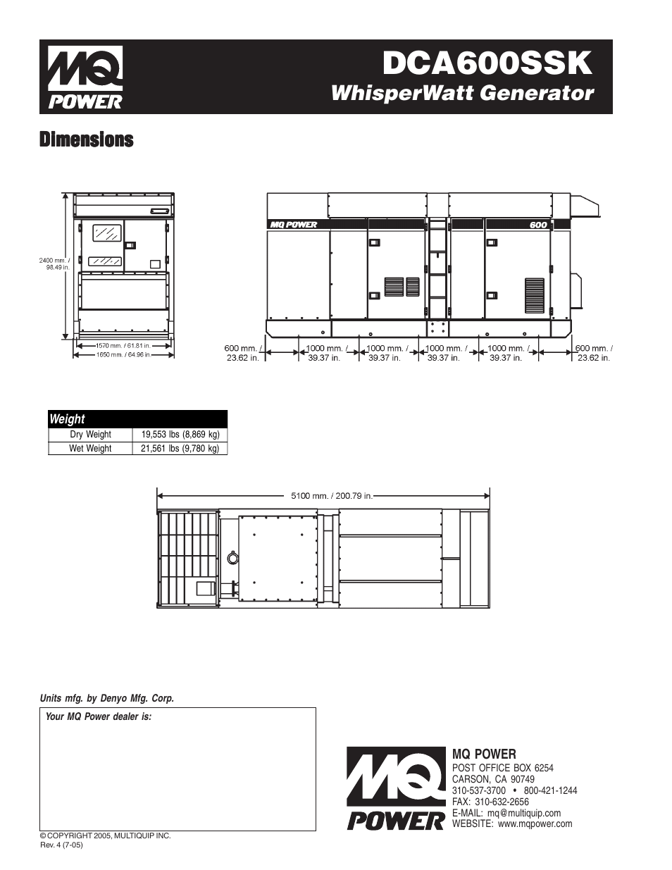 Dca600ssk, Whisperwatt generator, Dimensions | Multiquip MQ Power WhisperWatt 600 Generator DCA600SSK User Manual | Page 4 / 4