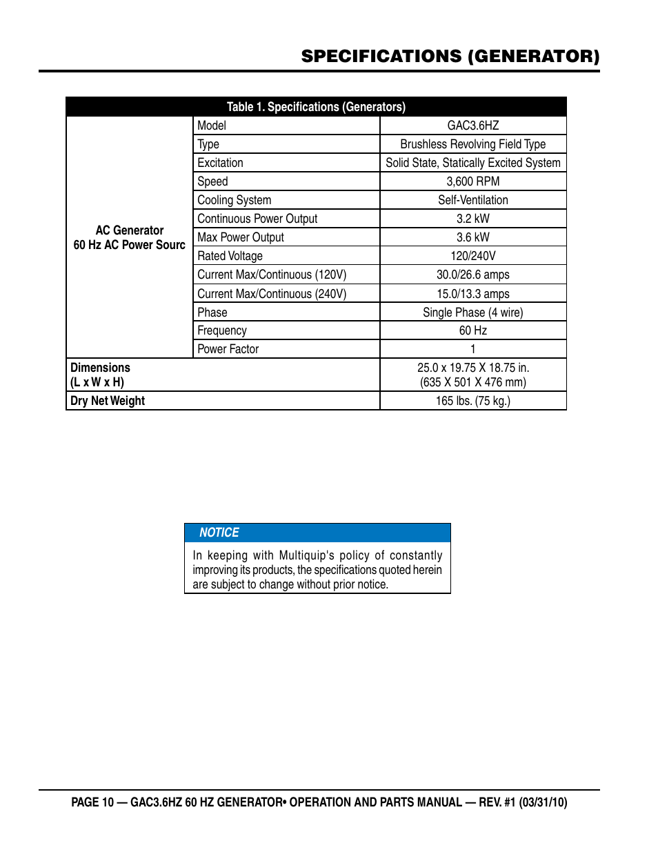 Specifications (generator) | Multiquip Portable Generator GAC3.6HZ User Manual | Page 10 / 82