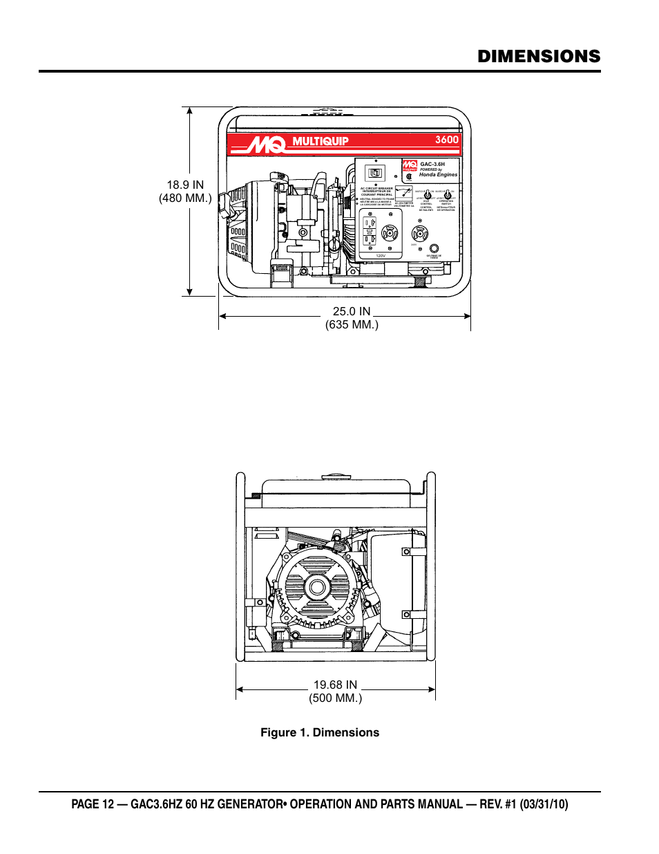 Dimensions, Figure 1. dimensions | Multiquip Portable Generator GAC3.6HZ User Manual | Page 12 / 82