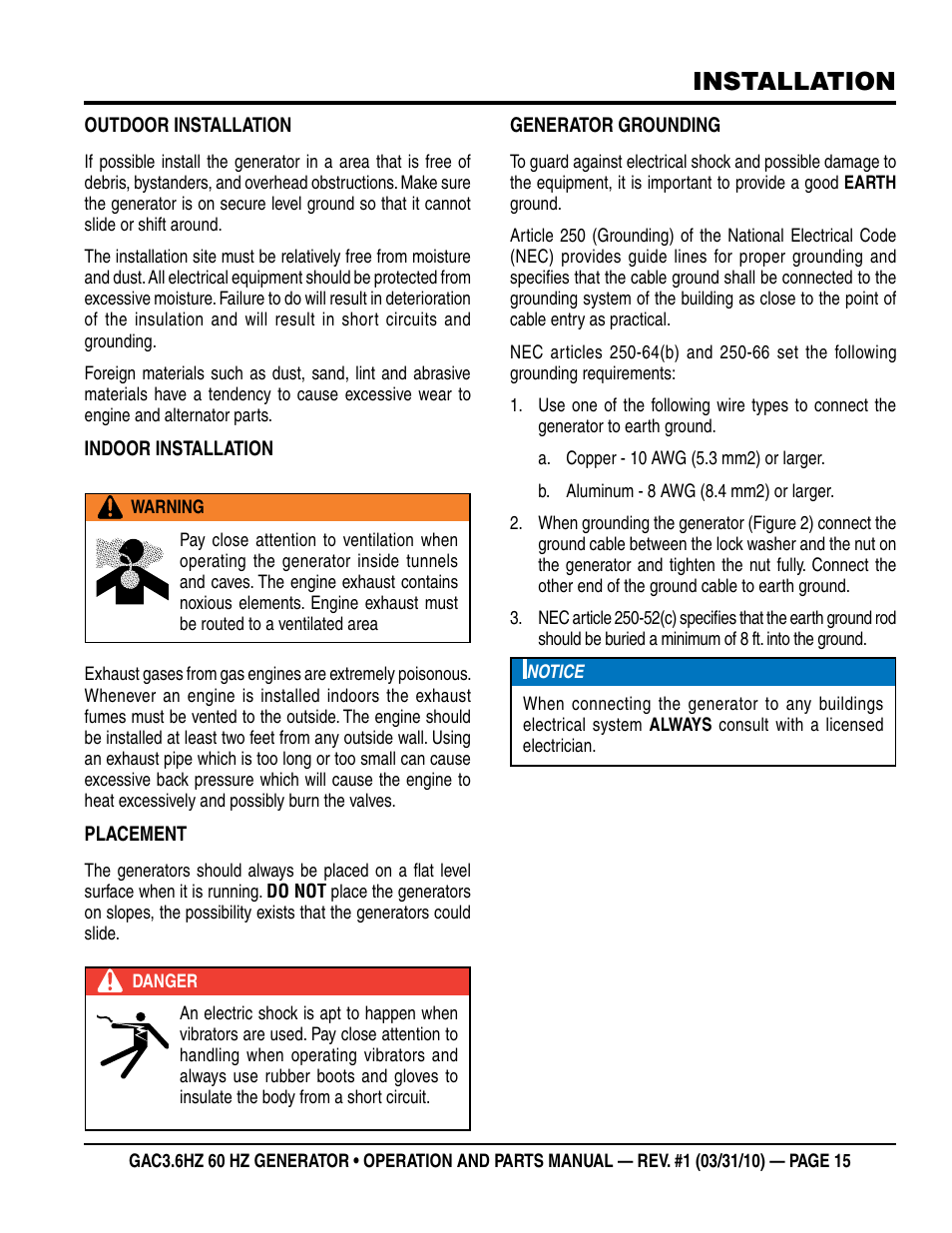 Installation | Multiquip Portable Generator GAC3.6HZ User Manual | Page 15 / 82