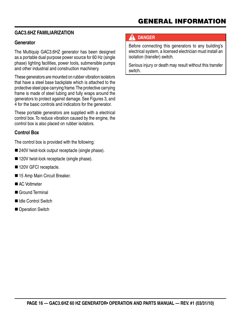 General information | Multiquip Portable Generator GAC3.6HZ User Manual | Page 16 / 82