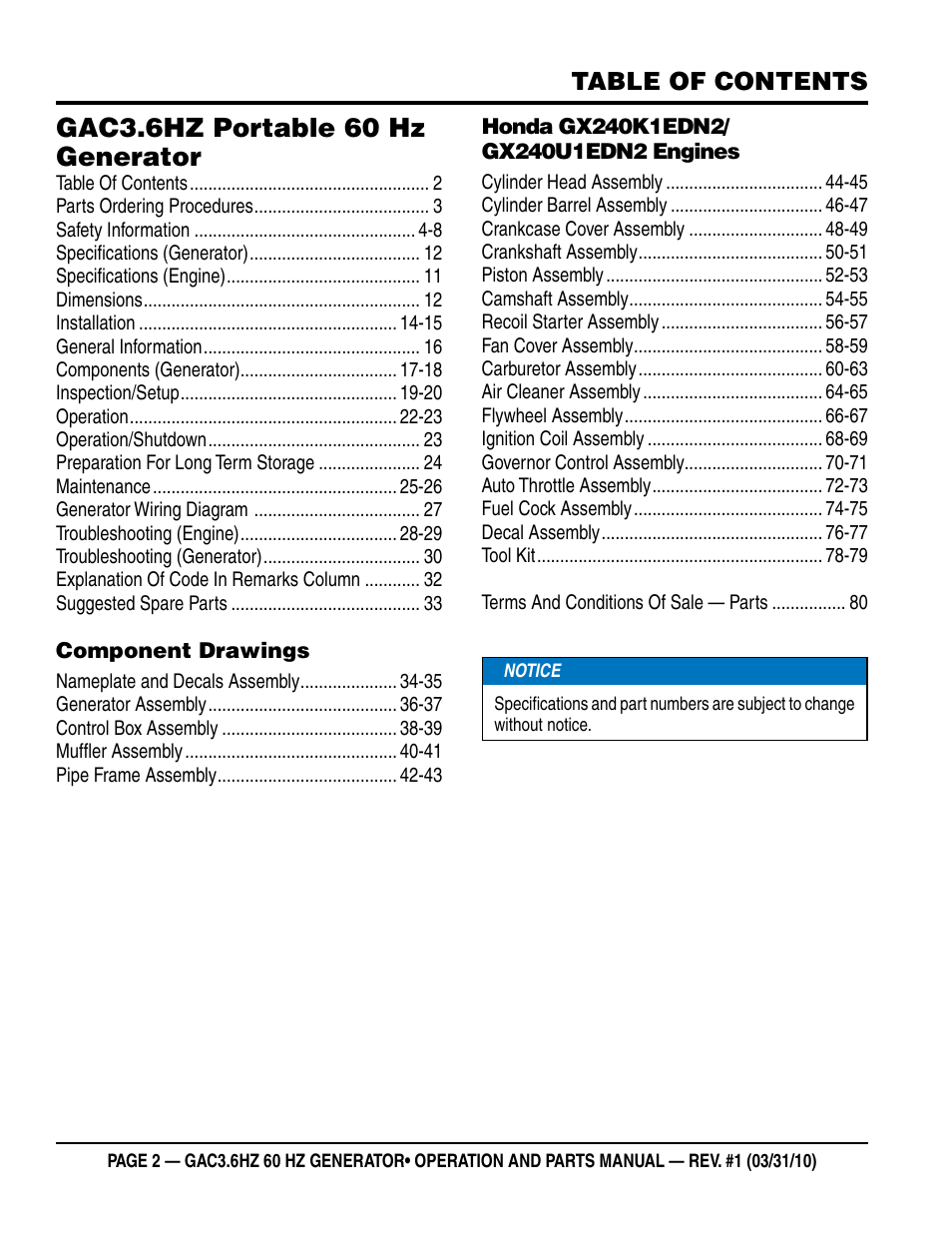 Multiquip Portable Generator GAC3.6HZ User Manual | Page 2 / 82