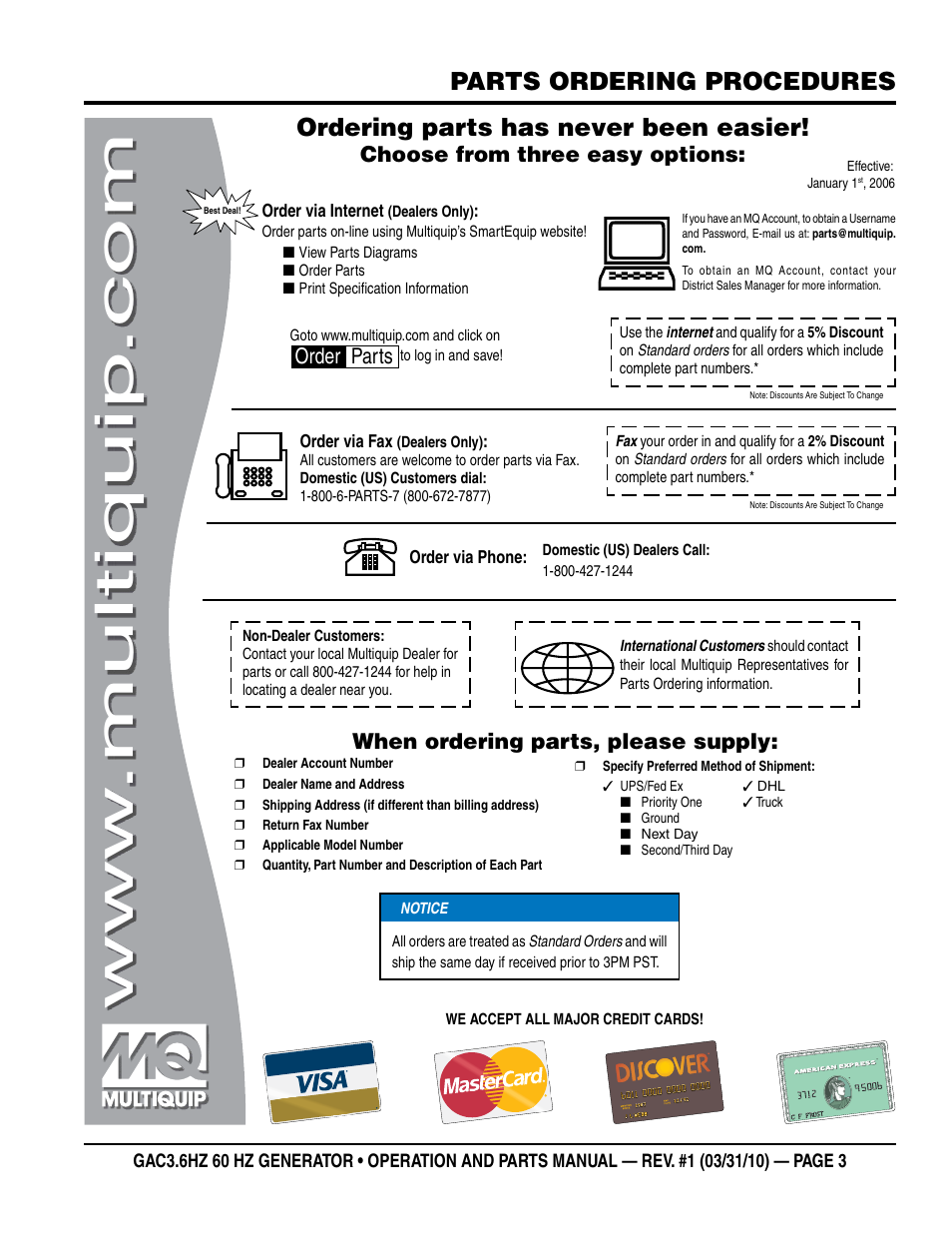 Ordering parts has never been easier, Parts ordering procedures, Choose from three easy options | When ordering parts, please supply, Order parts | Multiquip Portable Generator GAC3.6HZ User Manual | Page 3 / 82