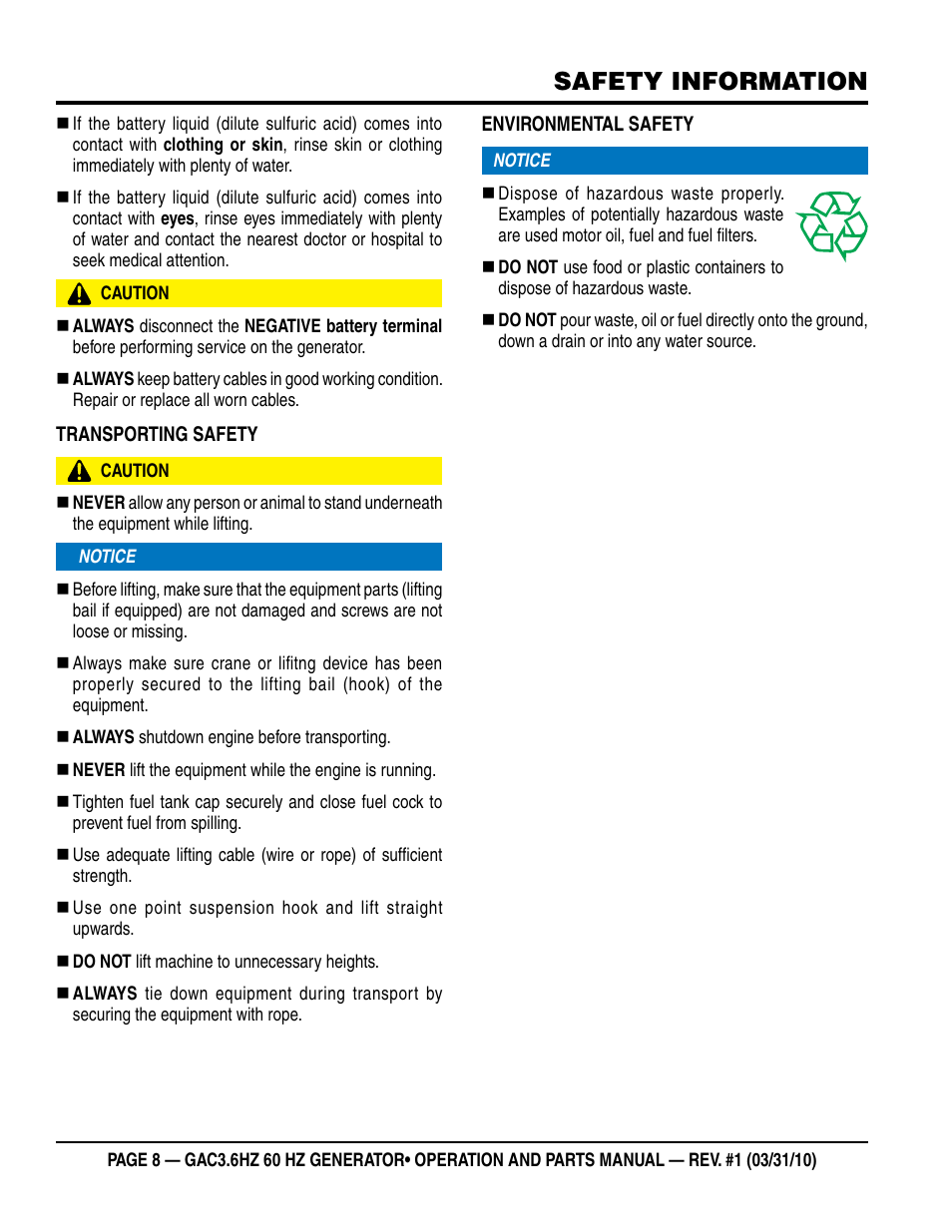 Safety information | Multiquip Portable Generator GAC3.6HZ User Manual | Page 8 / 82